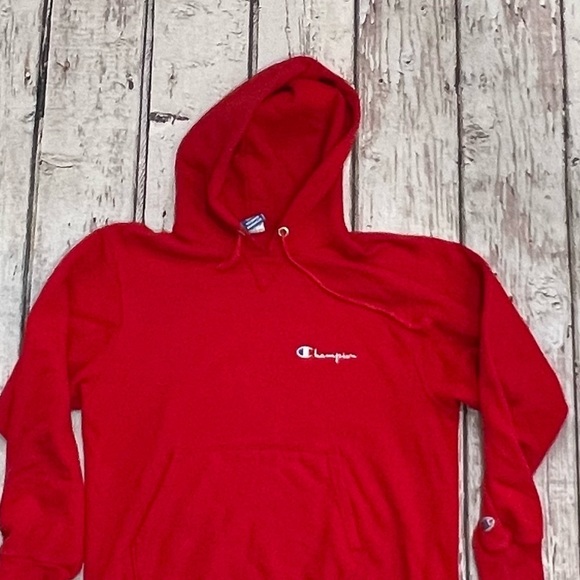 Vintage 1980s Champion Logo Stitched Red Pullover Hoodie Jumper Sweatshirt - Picture 2 of 5